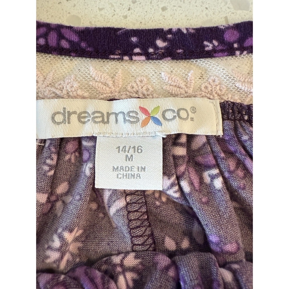 Dreams & Co Pajama Set Purple Floral Lace Capped Sleeves Size M 14-16 - Picture 10 of 11